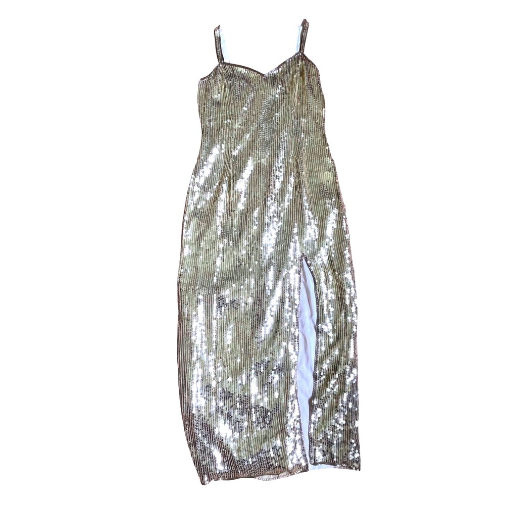 Expressions Gold Sequin Silk Maxi Dress Formal  10 Hollywood Regency Disco Glam